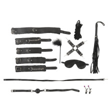 10pcs BDSM Cuff Set PU Plush Bondage Restraints Ball Gag Black