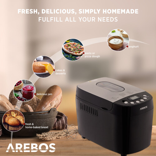 AREBOS AREBOS bread maker 1500g | with 15 programs | 2 dough hooks | timer | LCD display | 3 browning degrees and bread sizes | 850 W | Black 1