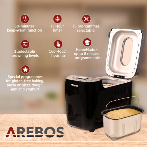 AREBOS AREBOS bread maker 1500g | with 15 programs | 2 dough hooks | timer | LCD display | 3 browning degrees and bread sizes | 850 W | Black 2