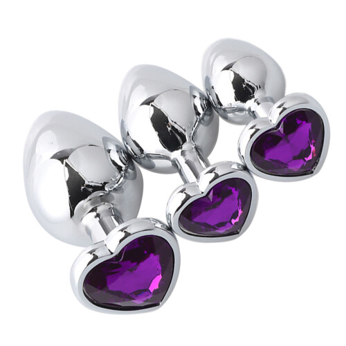 3x Metall-Analstopfen Herzform mit Strass Lila 2