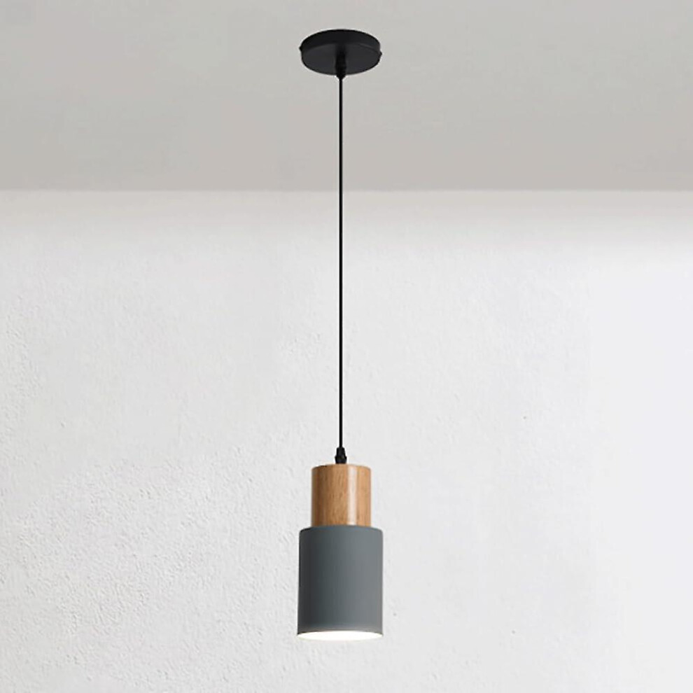 Kikidex (As Show, One Size) Mini Bedside Pendant Lamp, Wooden Pendant Light With Cylindrical Shade, Metal Long Tube Pendant Lamps, E27 Lighting Fixture - Gray