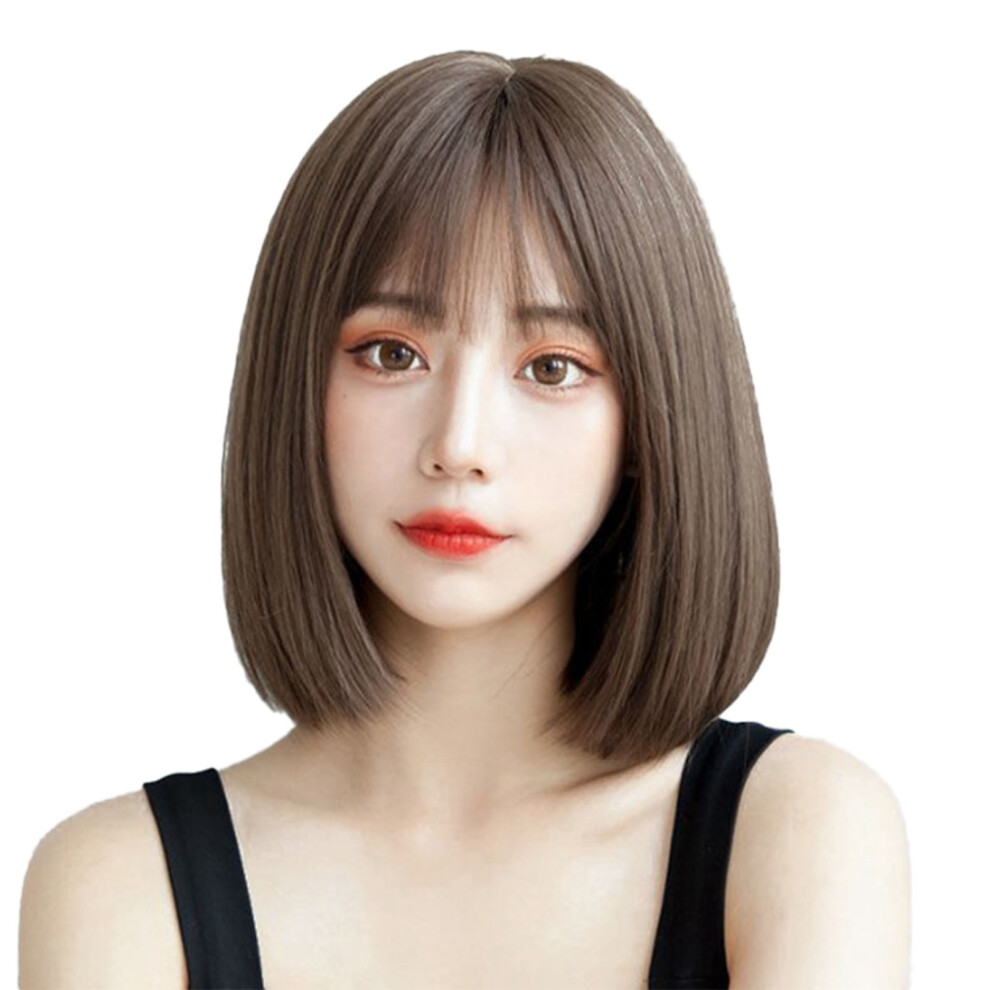 Women Short Straight Wig Deep Brown Bob Wig for Girls