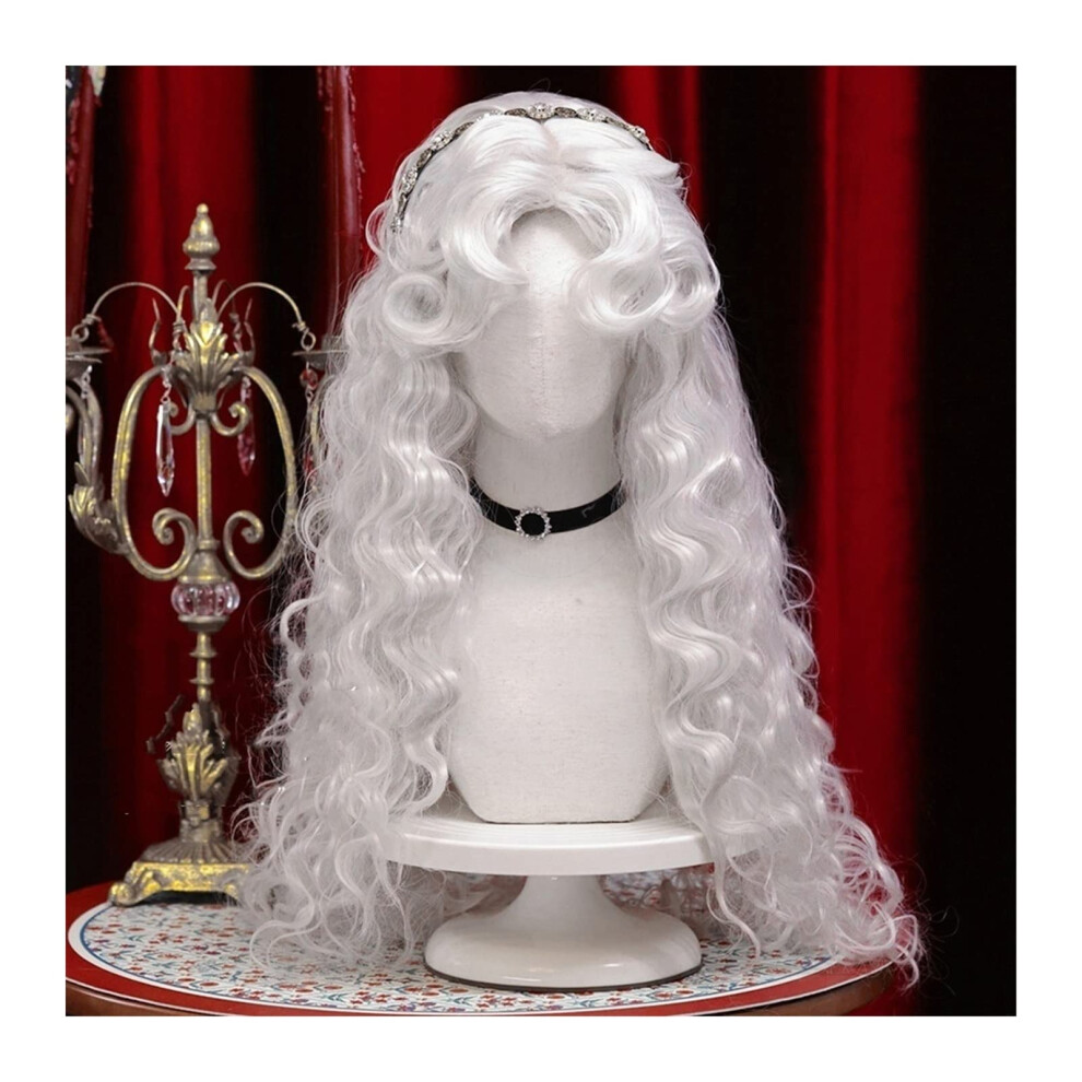 Unisex White Wigs Long Curly Synthetic Wig With Bangs, Heat Resistant Fibers, Retro Cosplay Daily Use