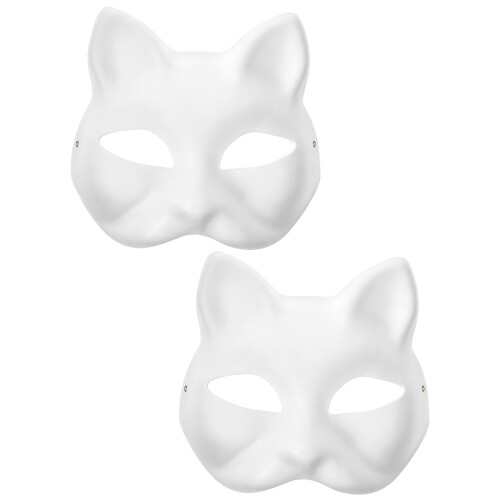 Två Kattmasker Vit Papper Handmålade Halvmask