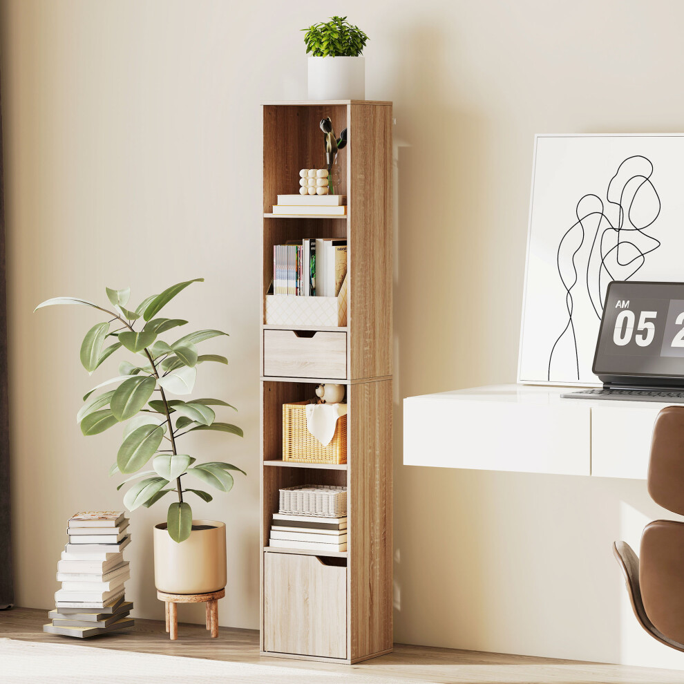 Homcom (Brown) Narrow Bookshelf With Drawer, Tall Bookcase For Living Room Brown