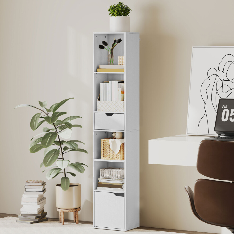 Homcom White (White) Narrow Bookshelf With Drawer, Tall Bookcase For Living Room