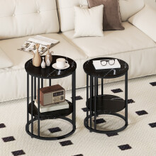 HOMCOM Marble-Effect Round Coffee Table Set of 2 for Living Room, Black