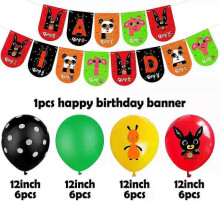 (set 2)Red and Black Cartoon Rabbit Balloons with Birthday Banner and Cake Topper for Party Decor