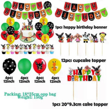 (set 1)Red and Black Cartoon Rabbit Balloons with Birthday Banner and Cake Topper for Party Decor