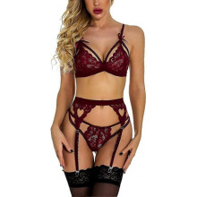 (S, Wine Red) Women Lace Garter Lingerie Set