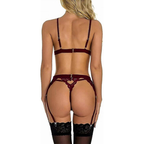 (S, Wine Red) Women Lace Garter Lingerie Set 2