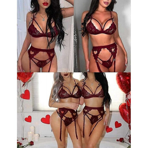 (S, Wine Red) Women Lace Garter Lingerie Set 1