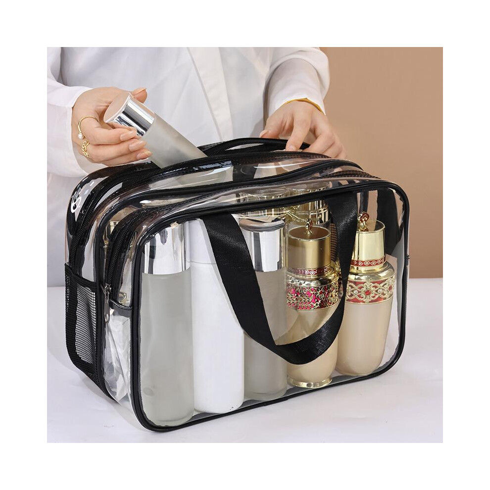 (Clear, L) Clear Double-layer Travel Makeup Bag for Summer Makeup, 1 Count Large Capacity Portable Cosmetic Bag Toiletry Bag, Wet & Dry Uses Zipper
