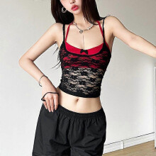 (S, B) Womens Lace Mesh Halter Crop Top  Sexy Layered Camisole with Bow Detail