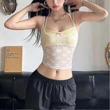 (S, C) Womens Lace Mesh Halter Crop Top  Sexy Layered Camisole with Bow Detail