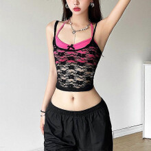 (S, A) Womens Lace Mesh Halter Crop Top  Sexy Layered Camisole with Bow Detail
