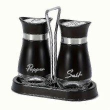 (1 Stand - 2 Bottles, Black) Elegant Glass Salt & Pepper Shakers Set with Holder - Durable for RV Camping BBQ, Modern Kitchen Decor