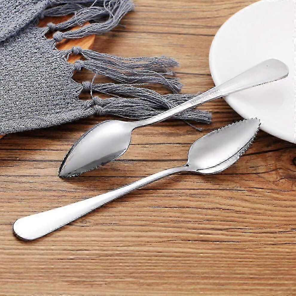 Set of 2 thick stainless steel dessert spoons with serrated edge for grapefruit