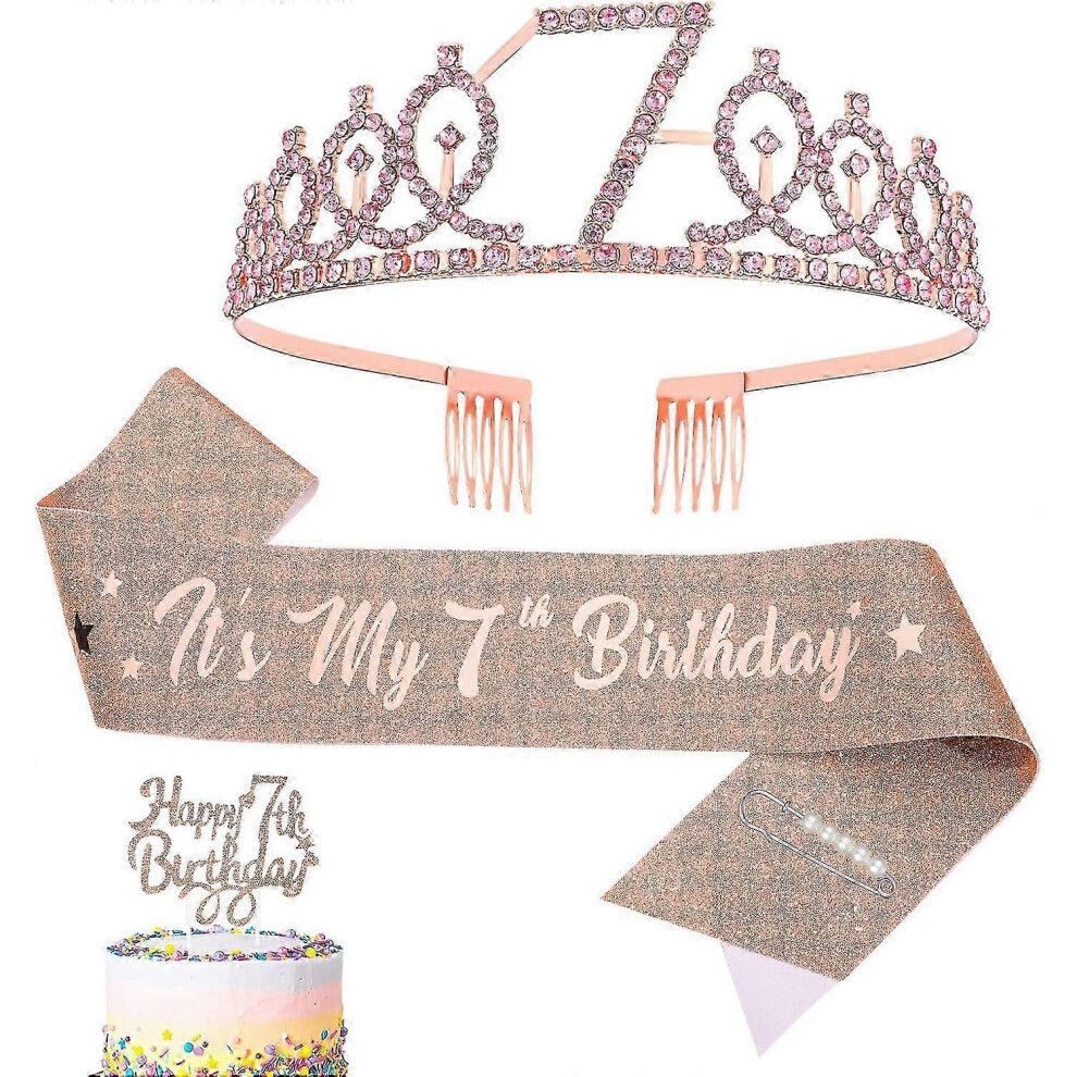 7Th Birthday Sash, Tiara & Cake Topper Set - Rhinestone Crown Pink