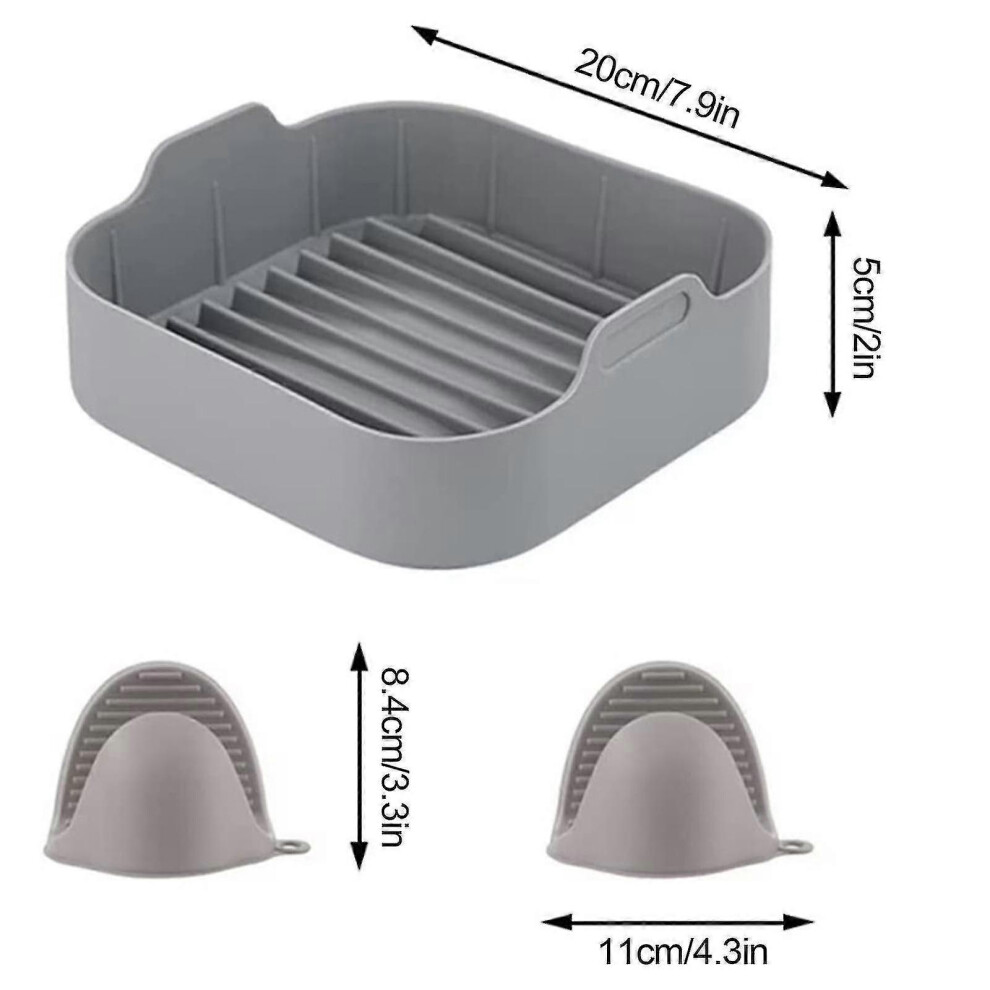 20Cm Air Fryer Silicone Pot, Non-Stick Basket Liner, Oven Safe Baking Tray With Gloves, Grey