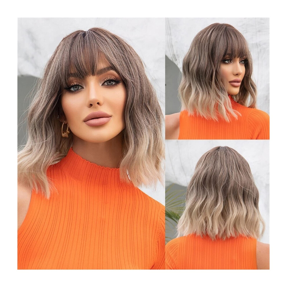 Unisex Brown Wigs For Women Short Curly Ash Bob With Dark Root Synthetic Wavy Wig With Bangs Natural Ombre Heat-Resistant Bob