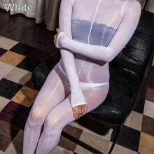 (White) Plus Size Full Bodystocking High Glossy Oil Shiny Nylon Bodysuit Tights Bodyhose