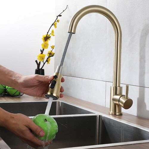 (As show, One size) Kitchen mixer tap & pull-out spray - Brushed gold 1