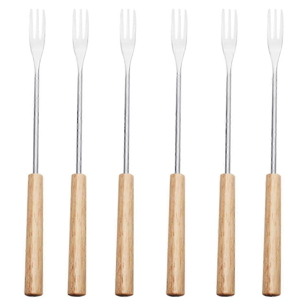 Set of 6 Cheese Fondue Forks, Stainless Steel Fondue Cutlery with Heat Resistant Handle, Wood Color