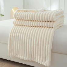 Flannel Blanket Soft Throw Blanket 150x200cm Beige - All-Season, Striped Solid Color, For Sofas, Bed, Travel