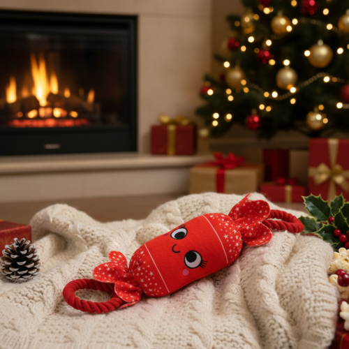 Red Squeaky Dog Toy Christmas Cracker Crinkle Effect 1