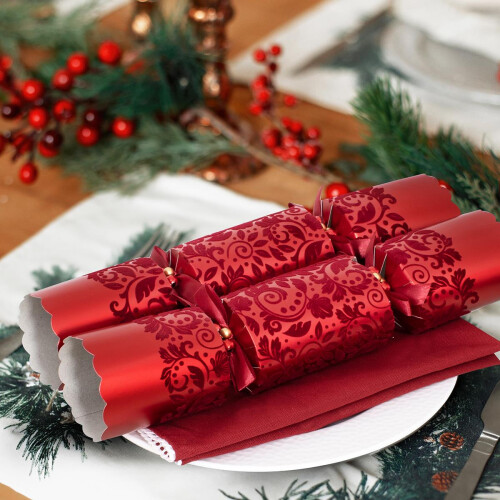 Flock Christmas Crackers Red Exquisite Textured 1