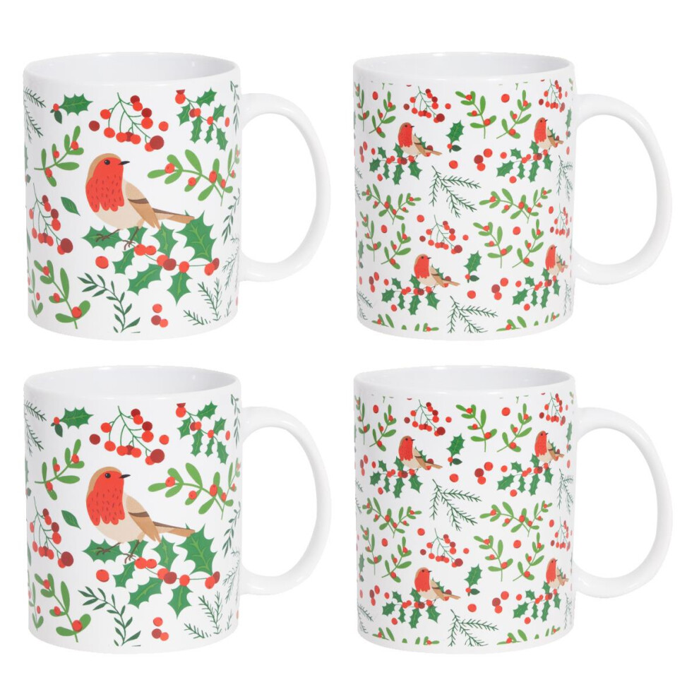 Mad About Mugs Red/Green Christmas Robin Mugs Pack Of 4 Holly Tea