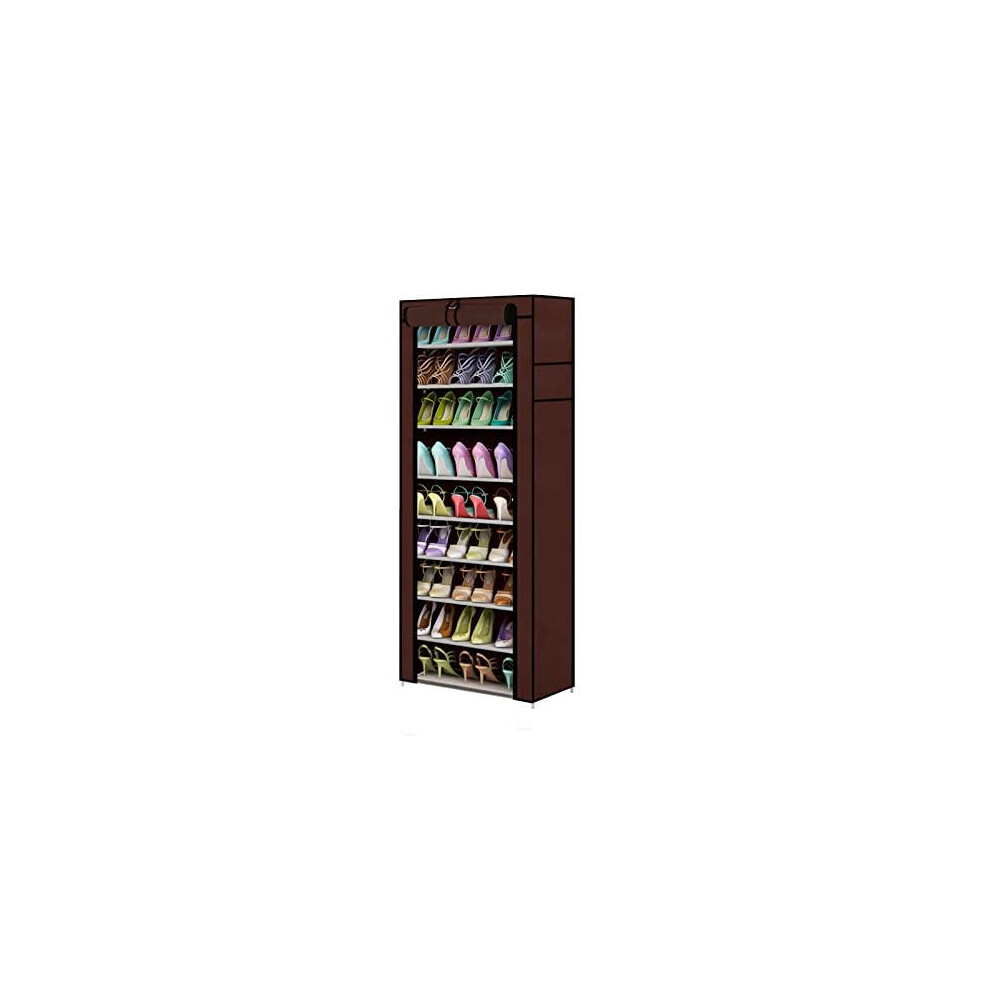 (Brown) 10 Tier Shoes Rack Storage Shoe Cabinet With Dustproof Cover - Holds 27 Pairs Shoe Stand For Hallway Living Room Brown