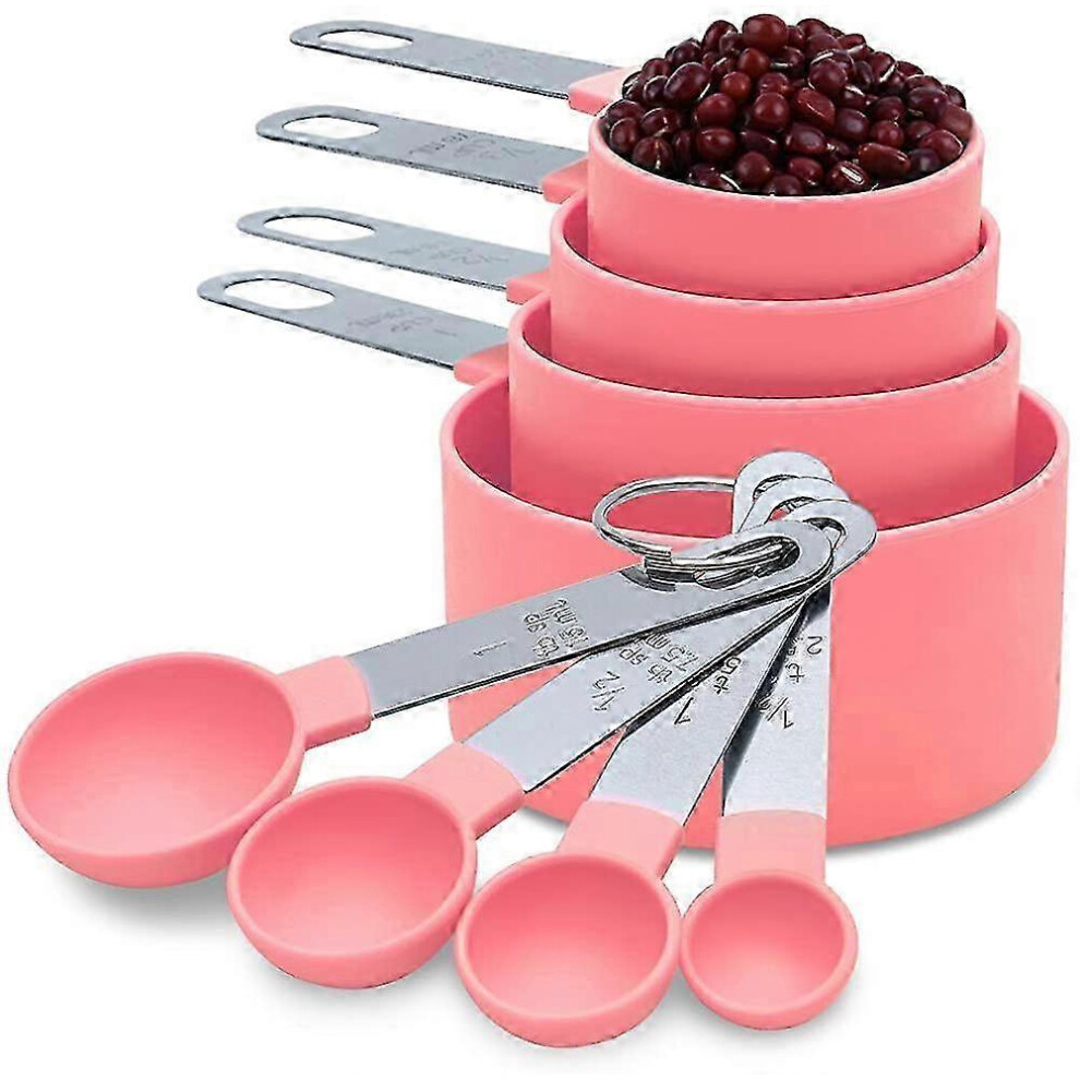 （Pink）Measuring Spoon Set, Black Measuring Cup with Stainless Steel Handles, Kitchen