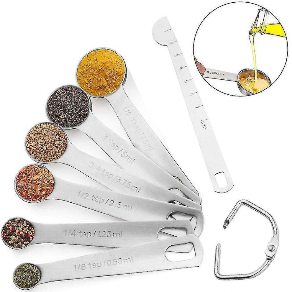 Set of 7 measuring spoons with engraved ruler for measuring dry and liquid ingredients