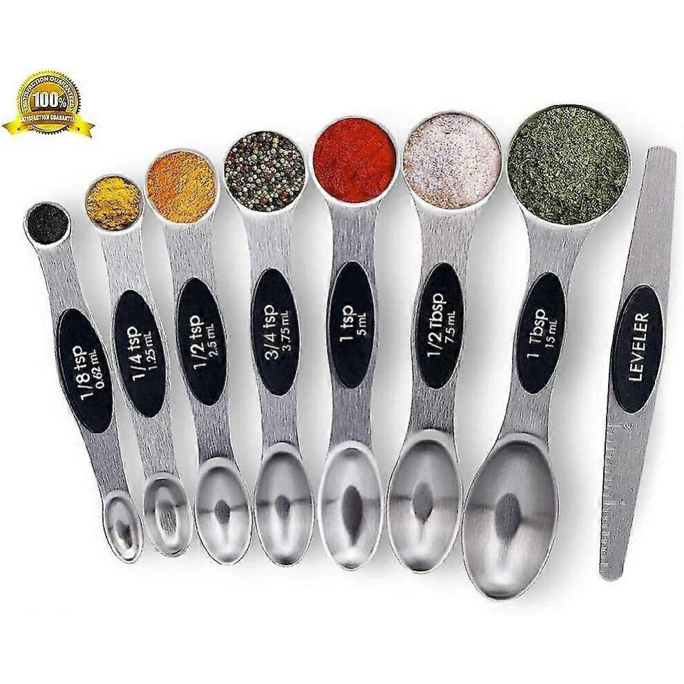 Measuring Spoons with Strong Magnets, 8 Pack Stainless Steel Measuring Spoons with Leveler, Double Ended Metal Teaspoon and Tablespoon for Dry Food
