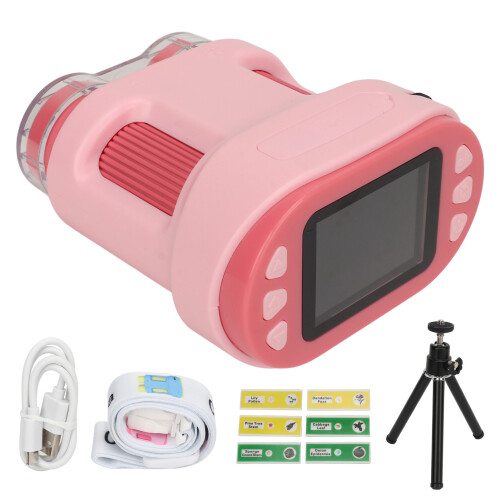 (Pink) Handheld Mini Microscope 2 Inch Screen 1080P 1000X Rechargeable