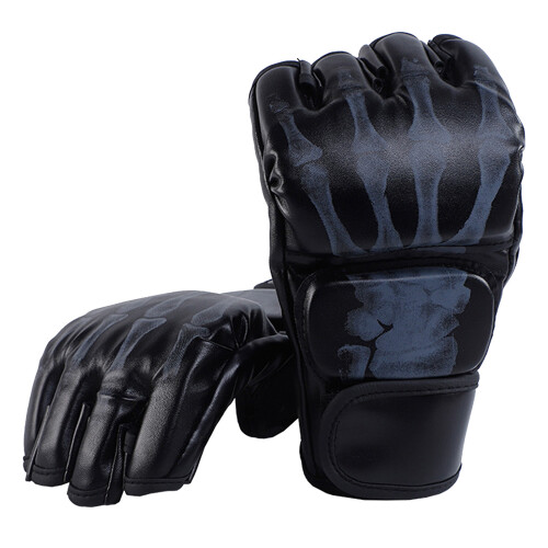 Halbfinger-Boxhandschuhe PU Leder MMA Muay Thai Schwarz 1