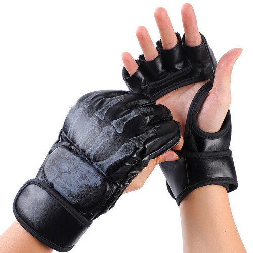 Halbfinger-Boxhandschuhe PU Leder MMA Muay Thai Schwarz 2