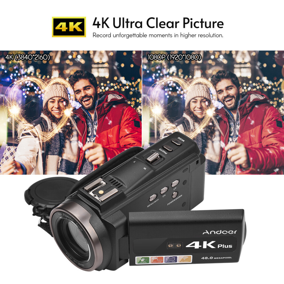 Andoer 4K 60FPS Camcorder 16X Zoom 3" Touchscreen IR Night Sight