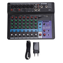 (EU Plug) 8 Channel Mixer USB Bluetooth 48V Phantom XLR LED Light for PC