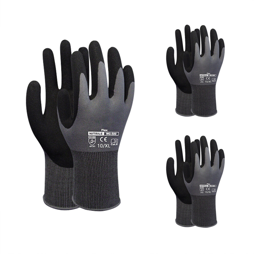 3-Pairs Nitrile Work Gloves Safety Gardening Maintenance Black Gray L 604725147011