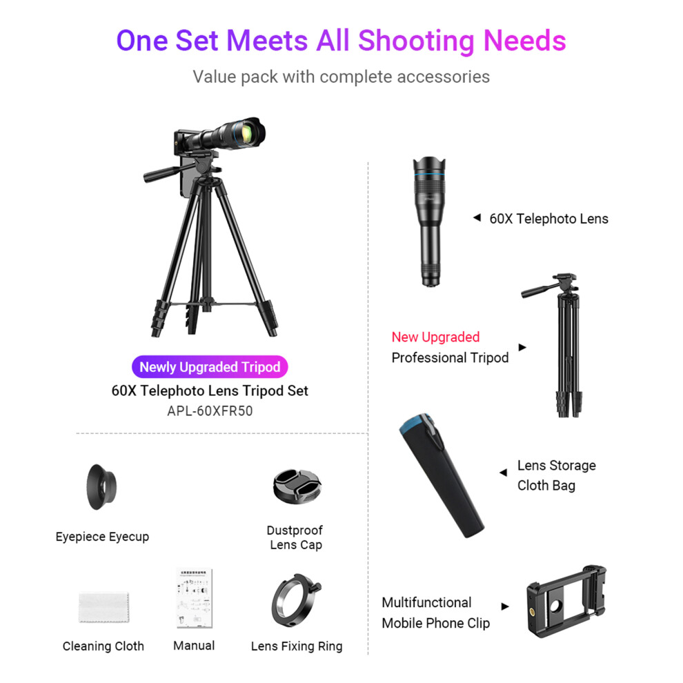 Apexel 4K Hd 60X Metal Monocular 50Mm Lens Coating Tripod Phone Clip 643505099133