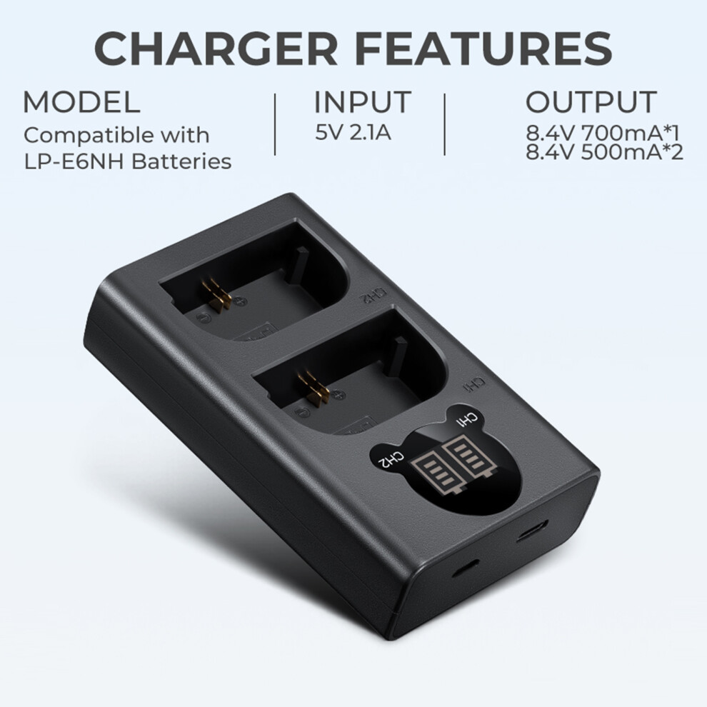 K&F Concept 2-Slot Charger 2X Lp-E6nh 7.4V 2250Mah Type-C Canon R5/R6 643505091038