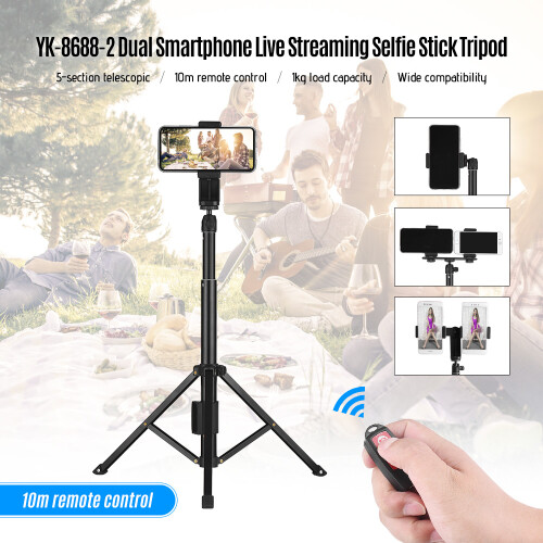 Dual Smartphone Live Streaming Tripod Aluminum Selfie Stick Remote 1
