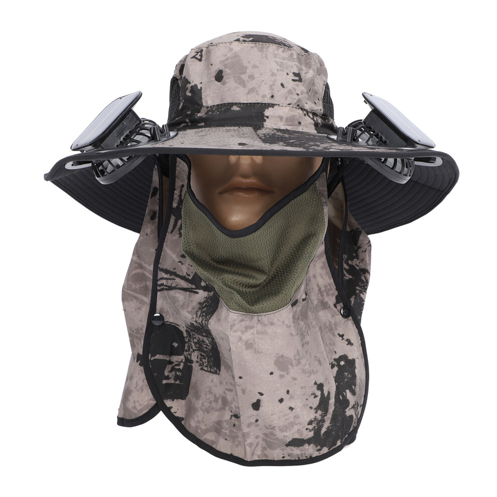 (Khaki Ink) Solar Fan Hat Wide Brim Outdoor Fishing Sunscreen Quick Dry Usb Black 643505194395
