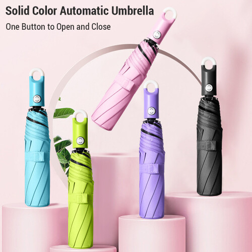 8K Solid Color Automatic 3-Fold Windproof Sun Umbrella 360 Rotating