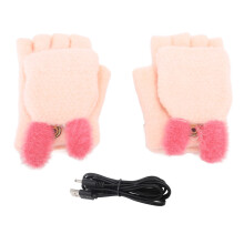 (Pink) USB Heated Knitted Flap Gloves Half Finger 5V Winter Blue