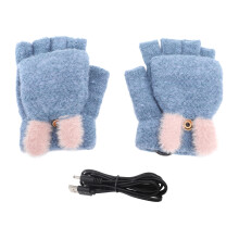 (Blue) USB Heated Knitted Flap Gloves Half Finger 5V Winter Blue