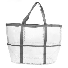 (White) Nylon Foldable Beach Shoulder Bag Multifunctional Mesh Tote Grey